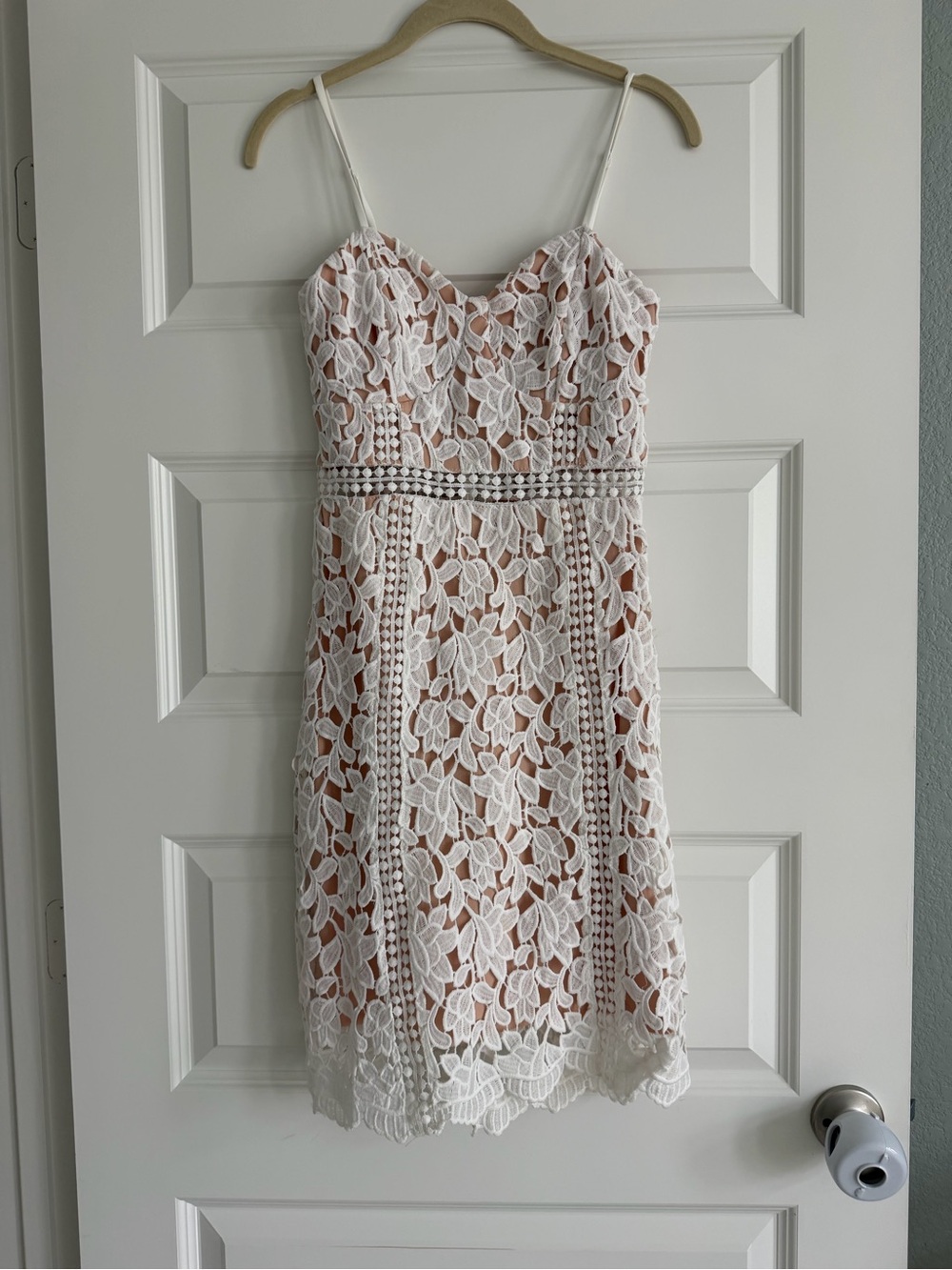 Lulu's White Floral Lace Midi Dress with Nude Slip